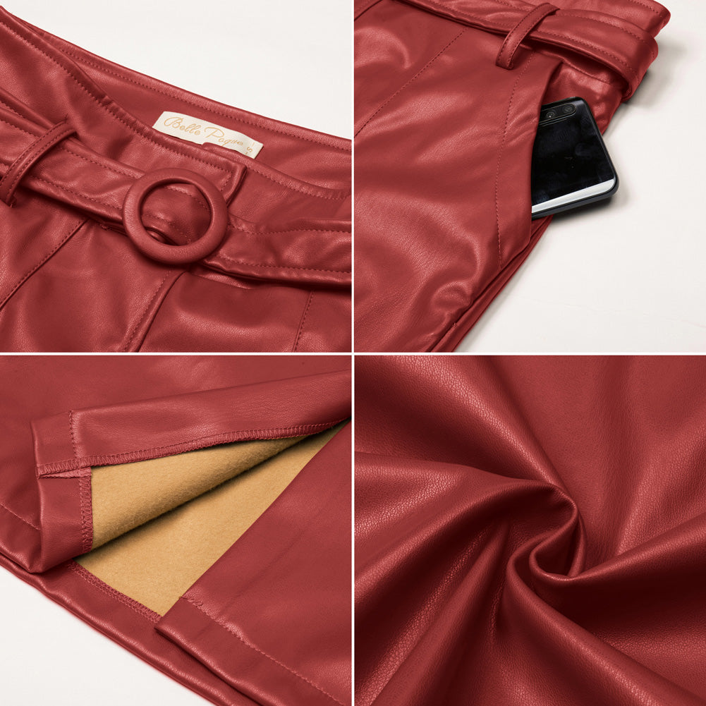belle poque Vintage PU Leather Skirt with Belt High Waist Front Slit Bodycon Skirt=