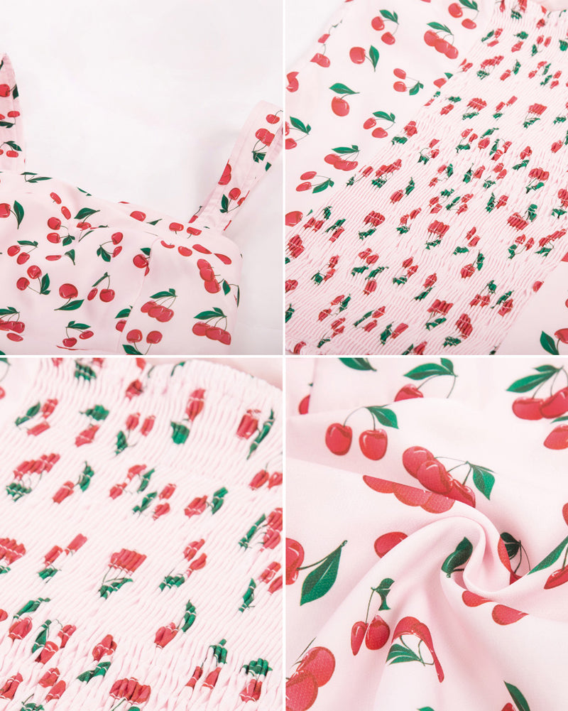 belle poque Seckill Offer⌛Vintage Cherries Print Tops Wide Straps Smocked Back Slim Fit Tank Top