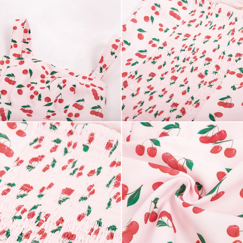 belle poque Seckill Offer⌛Vintage Cherries Print Tops Wide Straps Smocked Back Slim Fit Tank Top