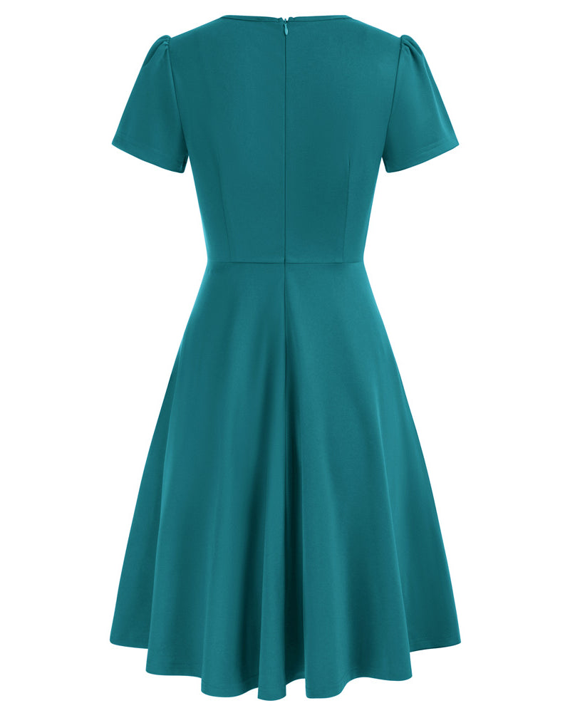 belle poque Vintage A-Line Swing Dress Keyhole Tie Dress Round Neck Work Dress Tea Dress