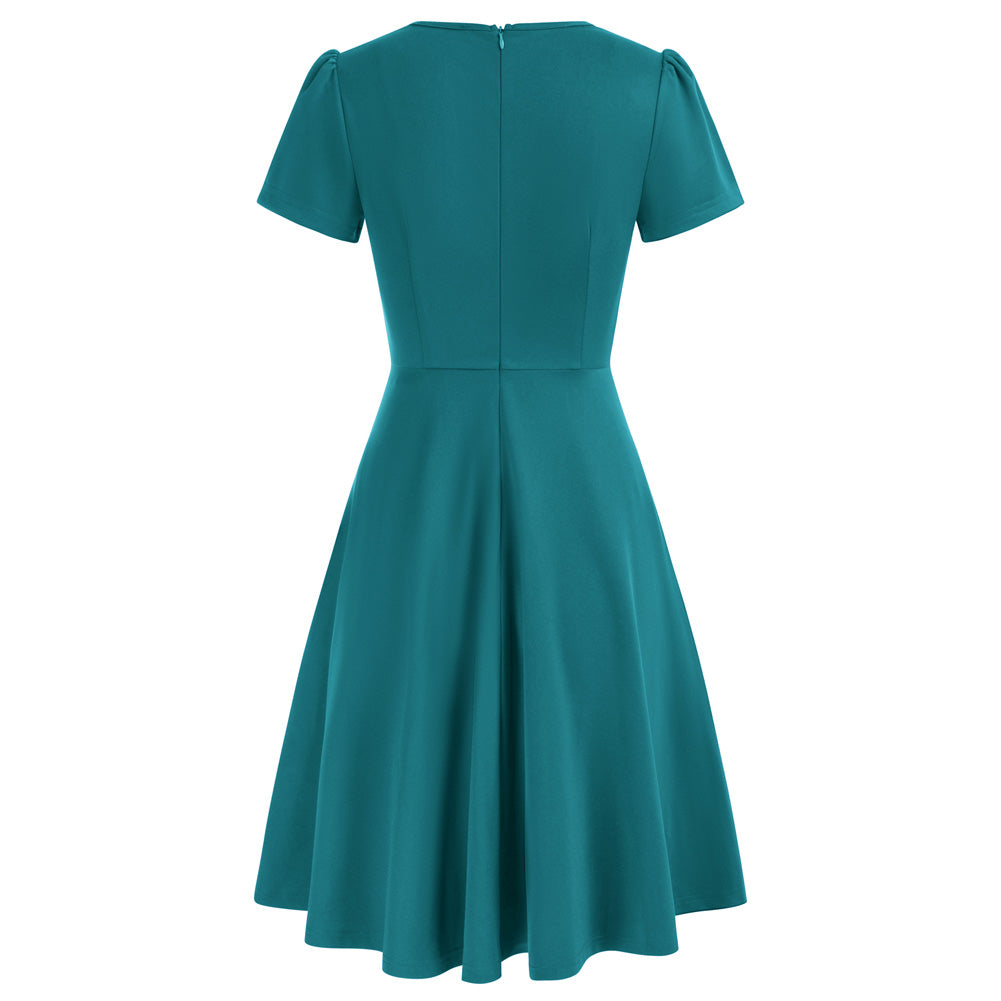 belle poque Vintage A-Line Swing Dress Keyhole Tie Dress Round Neck Work Dress Tea Dress