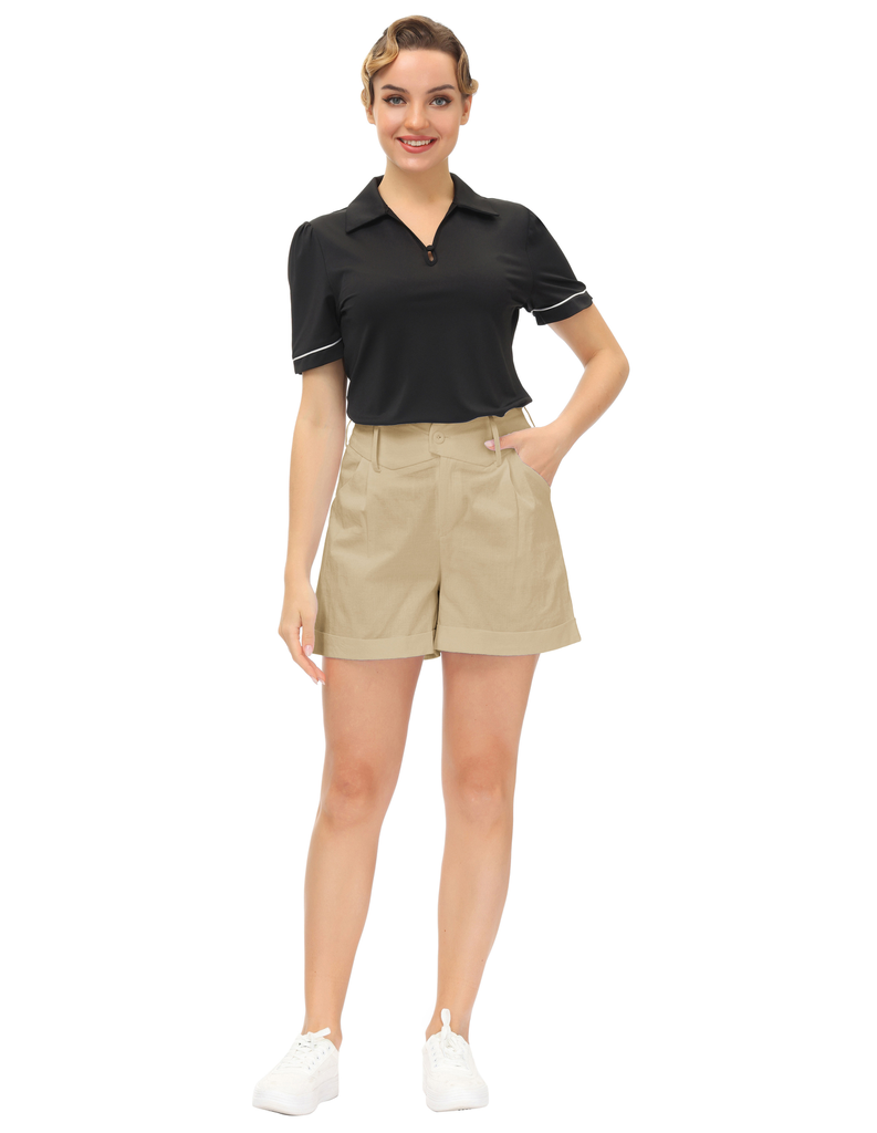 belle poque High Waist Fold-up Leg Opening Cotton Shorts with Pockets