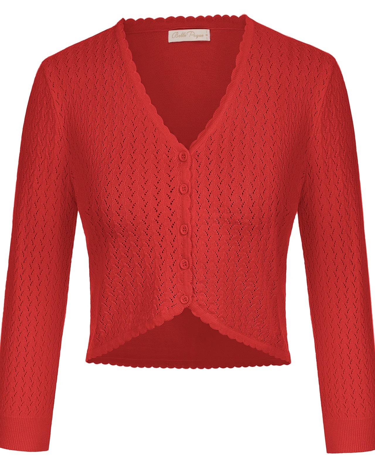 belle poque Hollowed-Out Cardigan 3/4 Sleeve V-Neck Button-up Cropped Knitwear