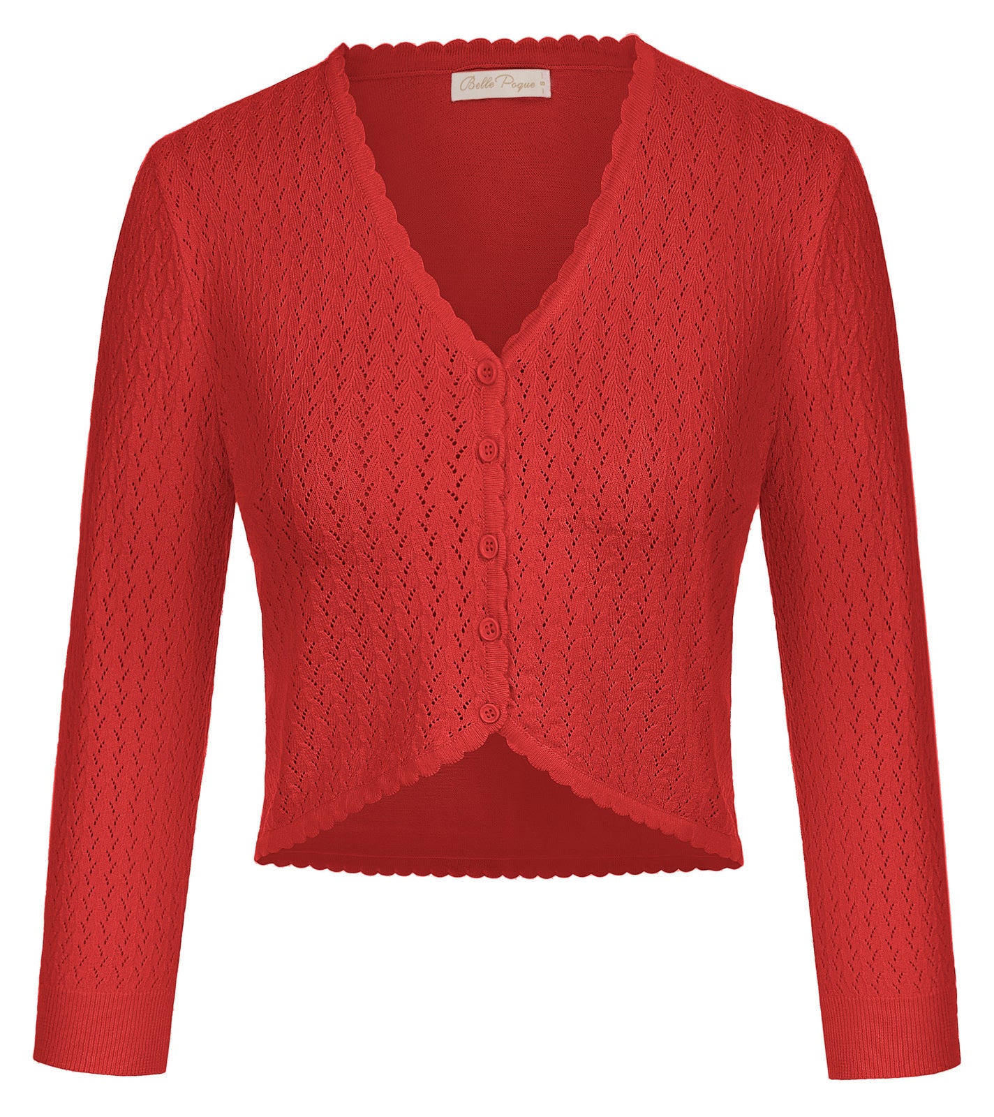 belle poque Hollowed-Out Cardigan 3/4 Sleeve V-Neck Button-up Cropped Knitwear