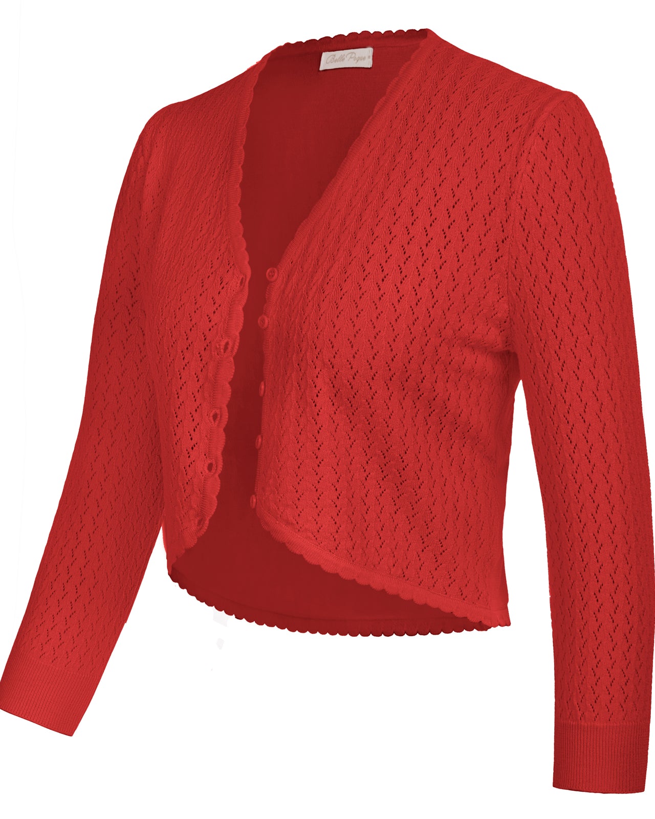 belle poque Hollowed-Out Cardigan 3/4 Sleeve V-Neck Button-up Cropped Knitwear