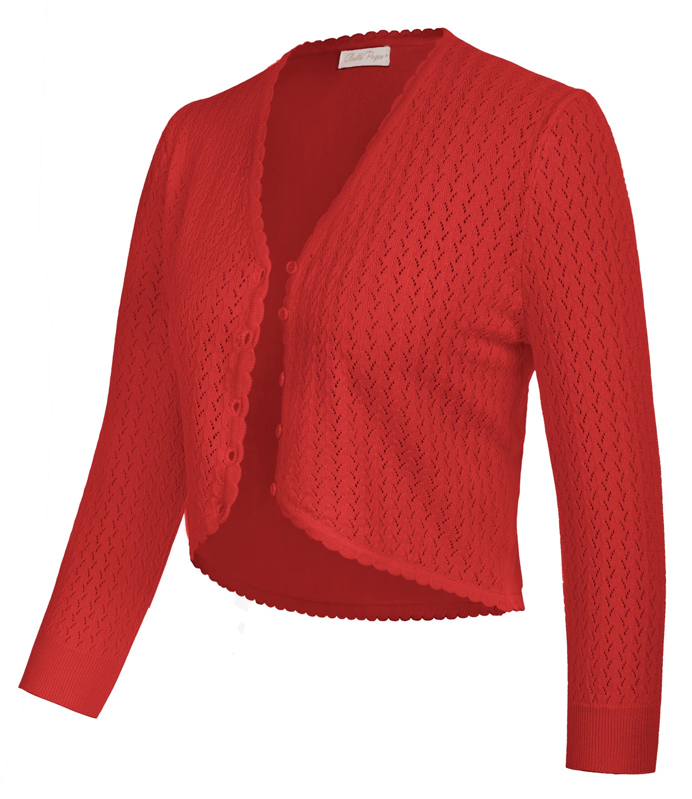 belle poque Hollowed-Out Cardigan 3/4 Sleeve V-Neck Button-up Cropped Knitwear