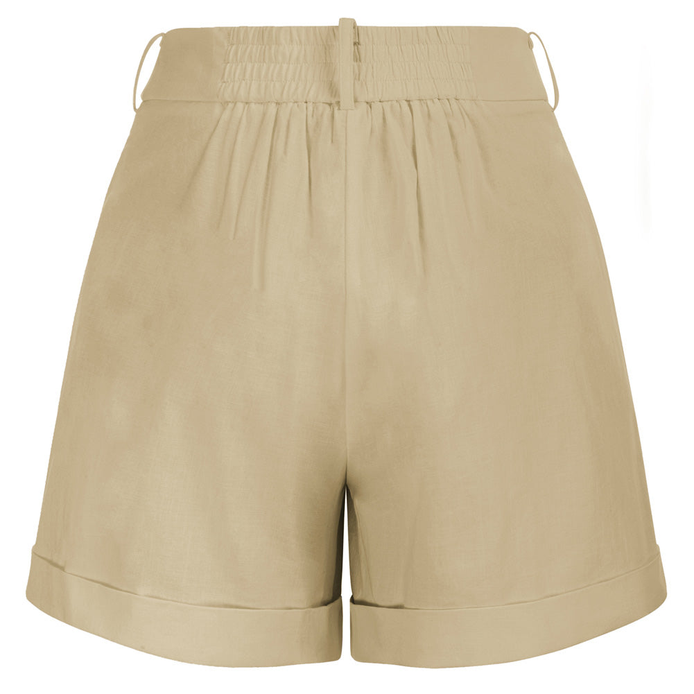 belle poque High Waist Fold-up Leg Opening Cotton Shorts with Pockets