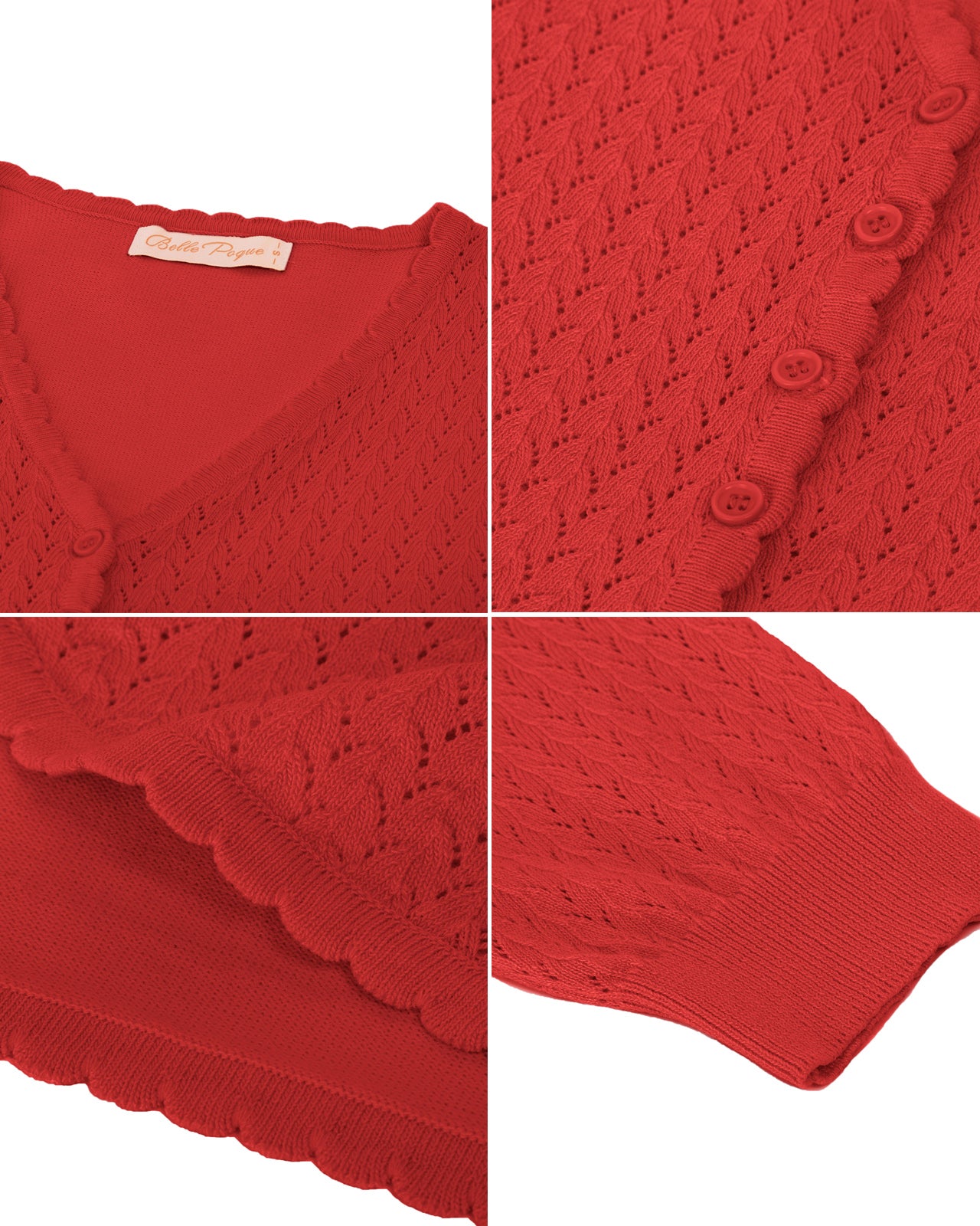 belle poque Hollowed-Out Cardigan 3/4 Sleeve V-Neck Button-up Cropped Knitwear