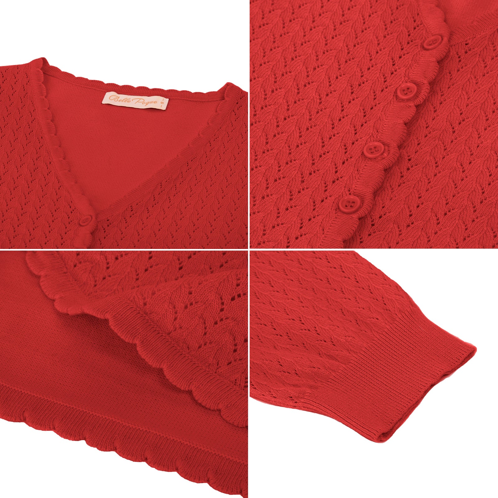 belle poque Hollowed-Out Cardigan 3/4 Sleeve V-Neck Button-up Cropped Knitwear