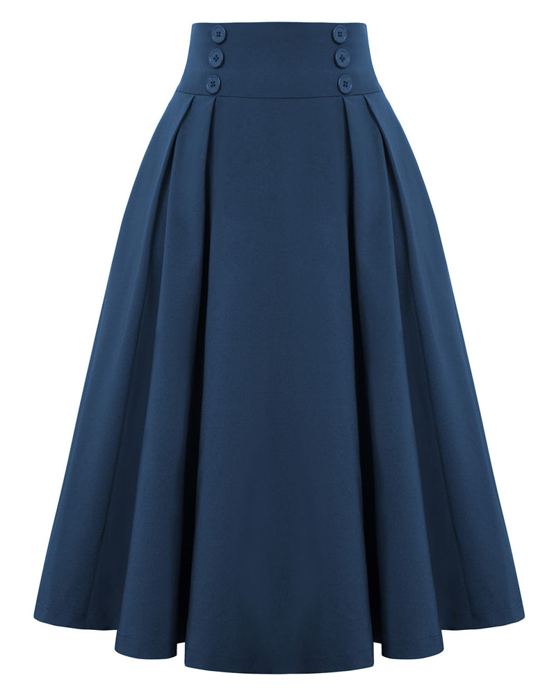 belle poque Women's Vintage Pleated Buttons Elastic Waist High A-Line Skirt Navy Blue