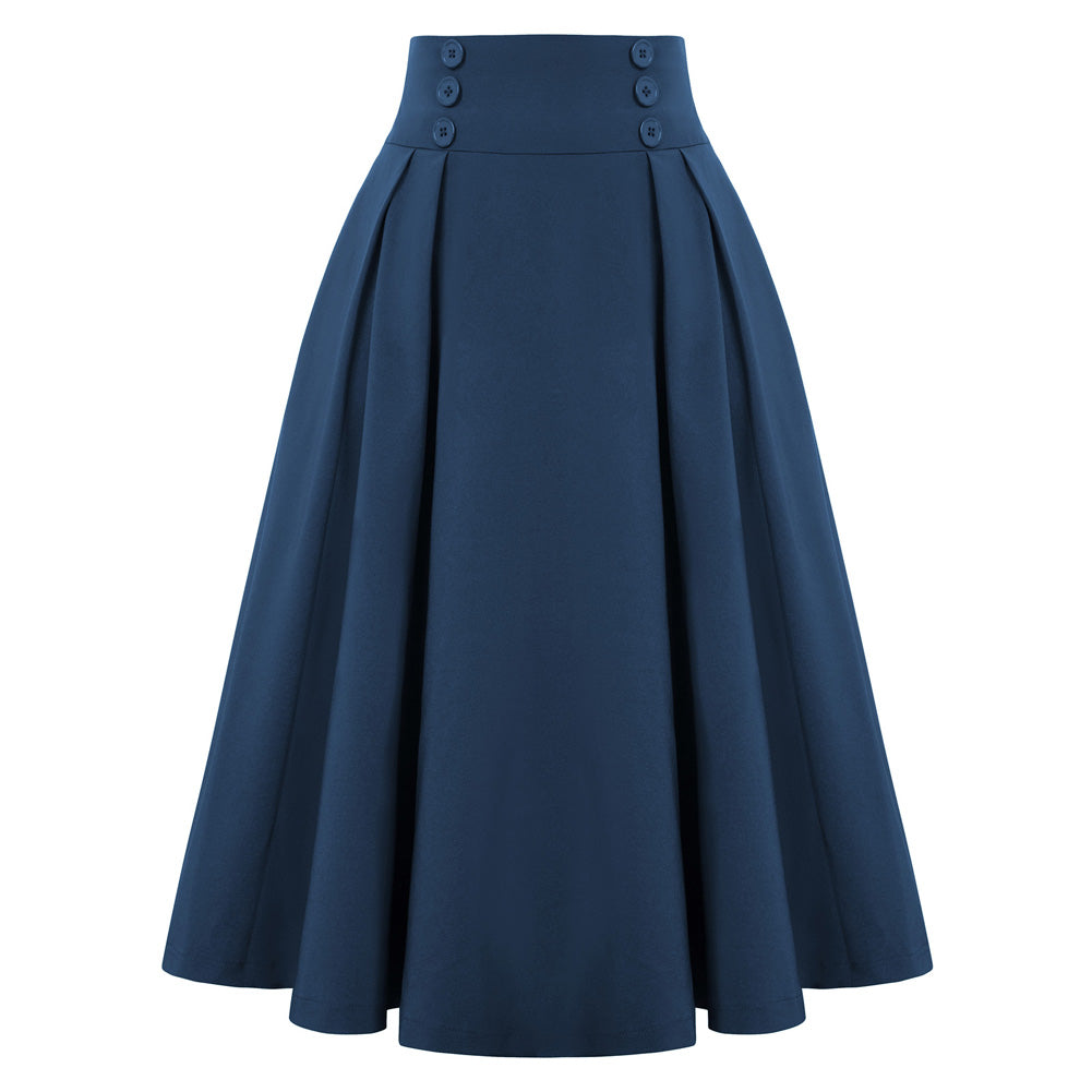 belle poque Women's Vintage Pleated Buttons Elastic Waist High A-Line Skirt Navy Blue
