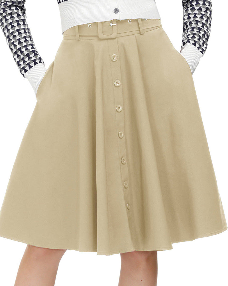 belle poque Vintage Stretch High Waist A-Line Flared Midi Skirts with Pockets & Belts