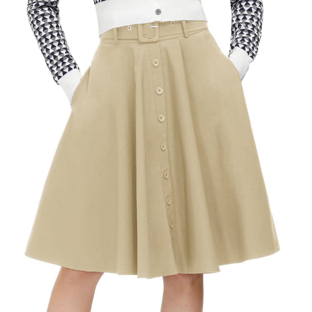 belle poque Vintage Stretch High Waist A-Line Flared Midi Skirts with Pockets & Belts