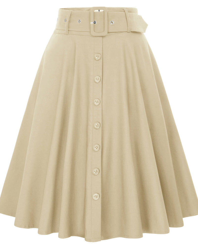belle poque Vintage Stretch High Waist A-Line Flared Midi Skirts with Pockets & Belts