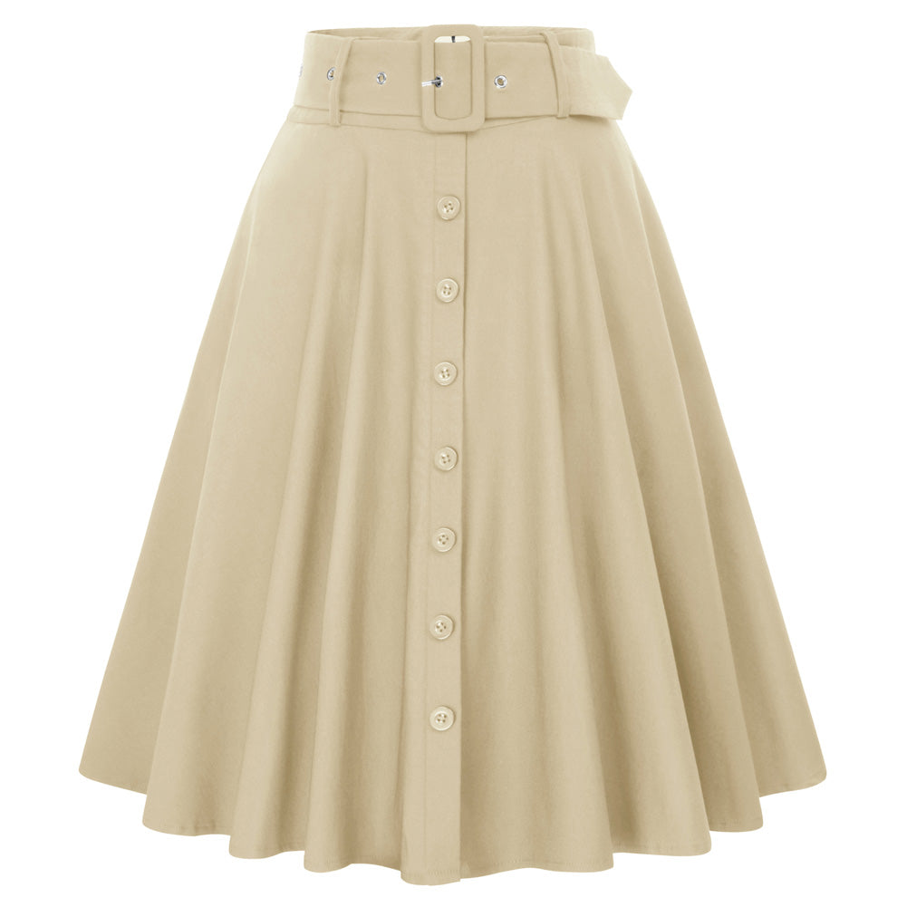 belle poque Vintage Stretch High Waist A-Line Flared Midi Skirts with Pockets & Belts