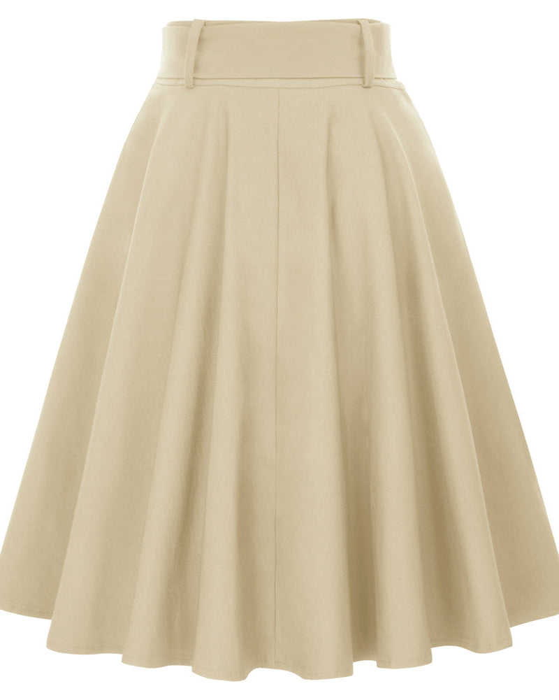 belle poque Vintage Stretch High Waist A-Line Flared Midi Skirts with Pockets & Belts