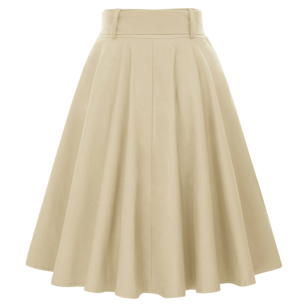 belle poque Vintage Stretch High Waist A-Line Flared Midi Skirts with Pockets & Belts