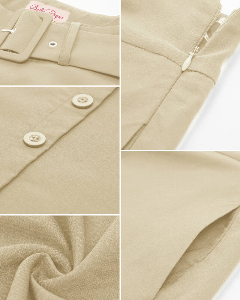 belle poque Vintage Stretch High Waist A-Line Flared Midi Skirts with Pockets & Belts