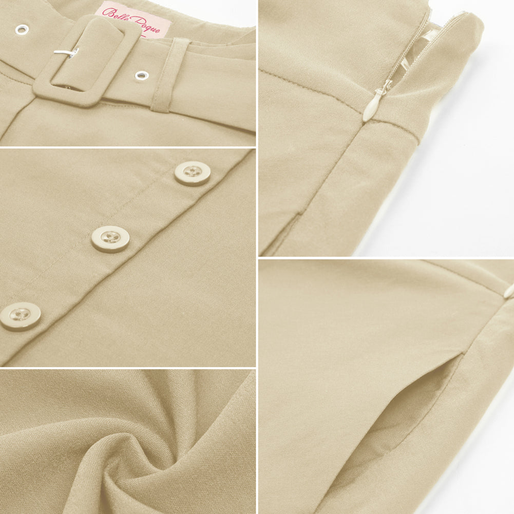 belle poque Vintage Stretch High Waist A-Line Flared Midi Skirts with Pockets & Belts