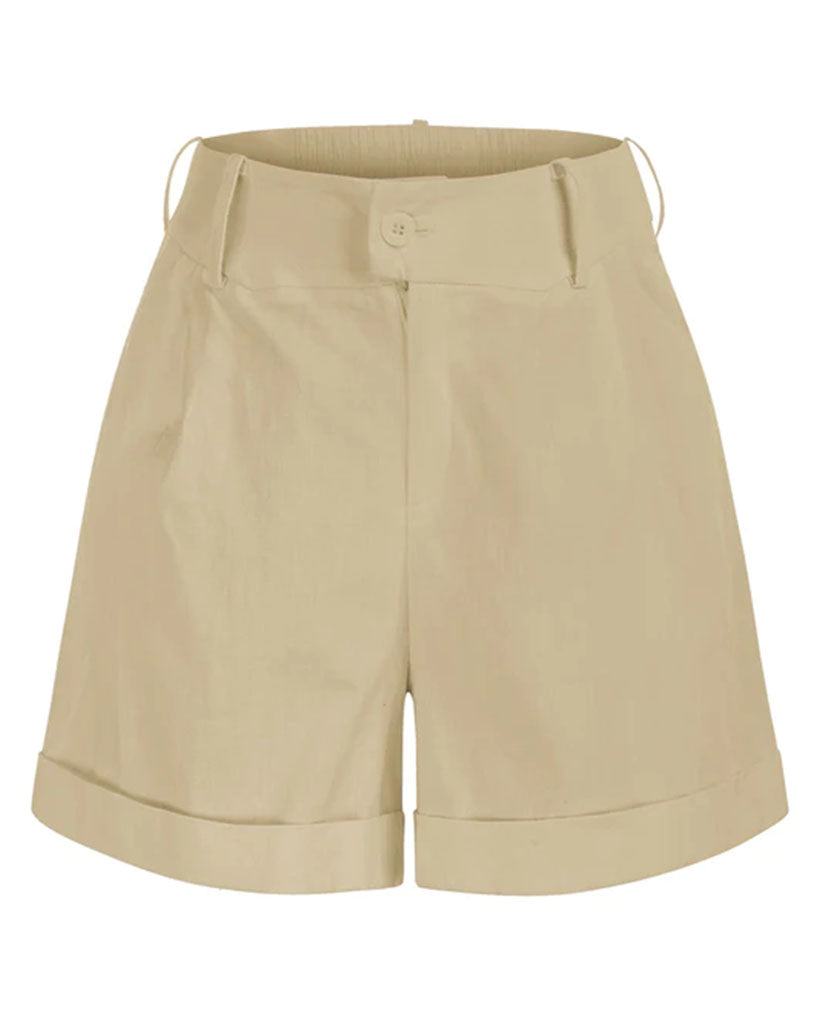 belle poque High Waist Fold-up Leg Opening Cotton Shorts with Pockets Khaki