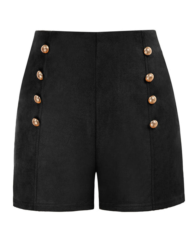 belle poque Seckill Offer⌛Vintage Faux Suede Shorts High Waist Buttons Decorated Short Pants Black