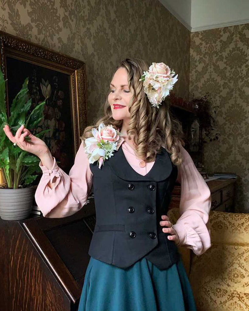 belle poque Double Breasted Waistcoat Vintage Lapel Collar Vest Coat with 2 Pockets