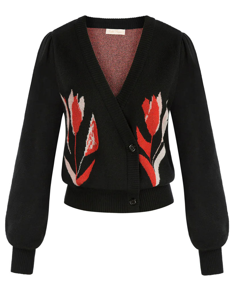 belle poque Seckill Offer⌛Wrap V Neck Long Sleeve Tulip Cropped Knit Cardigan Sweater Black