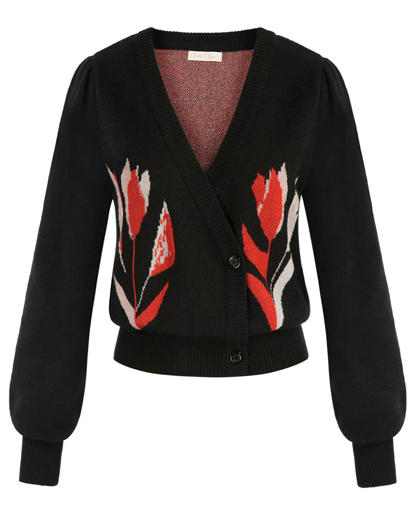belle poque Seckill Offer⌛Wrap V Neck Long Sleeve Tulip Cropped Knit Cardigan Sweater Black