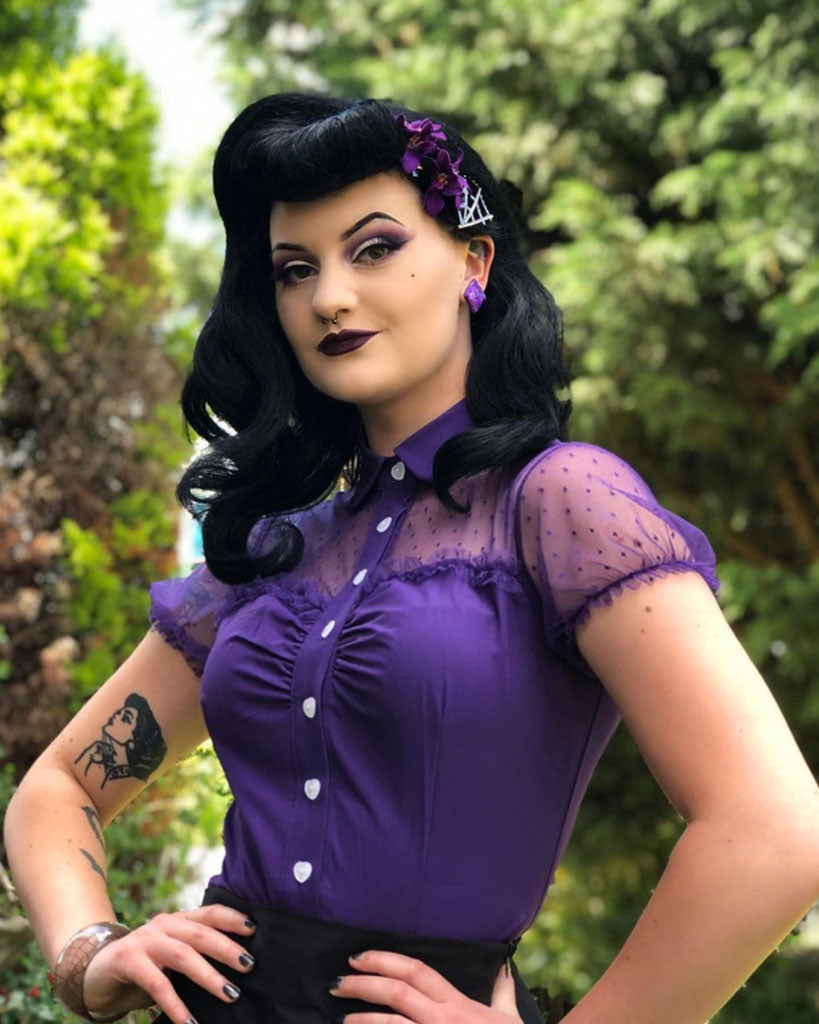 belle poque 1950s Retro Vintage Shirts Polka Dots Mesh Rockabilly Blouse Short Sleeves Tops Purple