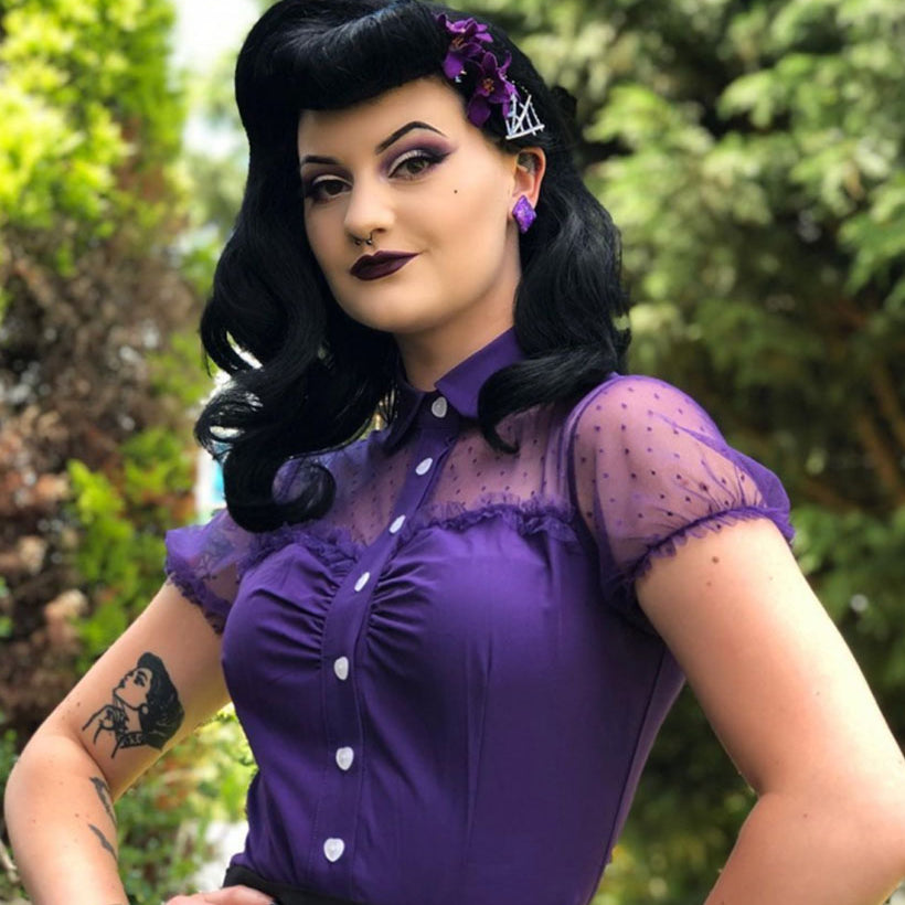 belle poque 1950s Retro Vintage Shirts Polka Dots Mesh Rockabilly Blouse Short Sleeves Tops Purple