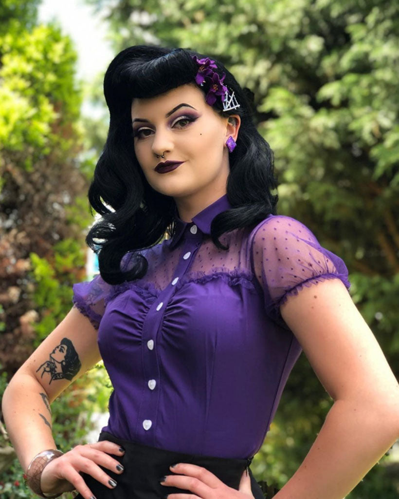 belle poque 1950s Retro Vintage Shirts Polka Dots Mesh Rockabilly Blouse Short Sleeves Tops Purple