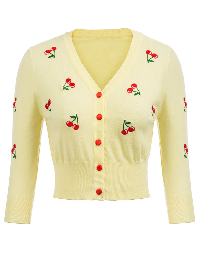 belle poque 3/4 Sleeve V-Neck Button Down Cherries Embroidery Cropped Cardigan Sweater Coat Yellow-Cherry