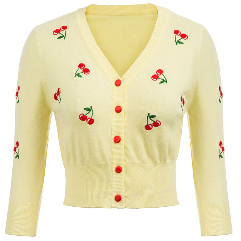 belle poque 3/4 Sleeve V-Neck Button Down Cherries Embroidery Cropped Cardigan Sweater Coat Yellow-Cherry