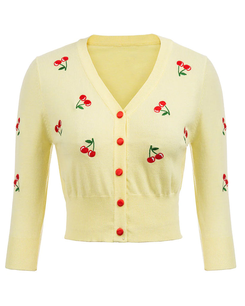 belle poque Women's 3/4 Sleeve Button Down Cherries Embroidery Cropped Cardigan Sweater Coat Yellow-Cherry