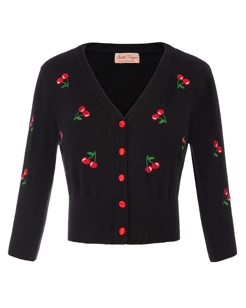 belle poque 3/4 Sleeve V-Neck Button Down Cherries Embroidery Cropped Cardigan Sweater Coat Black-Cherry