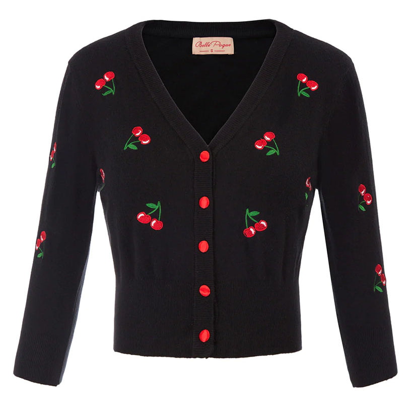 belle poque 3/4 Sleeve V-Neck Button Down Cherries Embroidery Cropped Cardigan Sweater Coat Black-Cherry