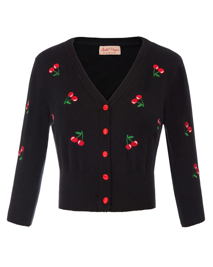 belle poque Women's 3/4 Sleeve Button Down Cherries Embroidery Cropped Cardigan Sweater Coat Black-Cherry