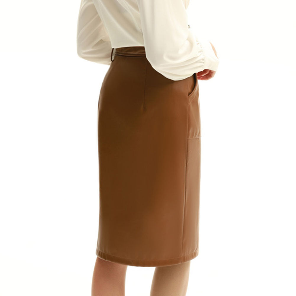 belle poque Vintage PU Leather Skirt with Belt High Waist Front Slit Bodycon Skirt=