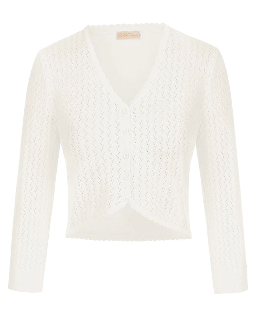 belle poque Hollowed-Out Cardigan 3/4 Sleeve V-Neck Button-up Cropped Knitwear Ivory