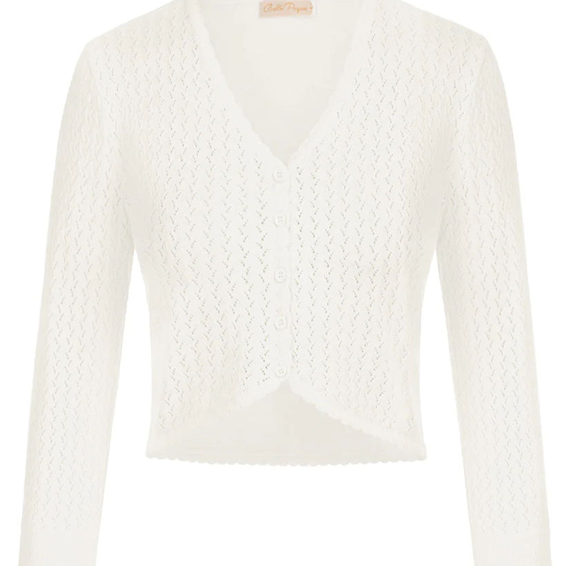 belle poque Hollowed-Out Cardigan 3/4 Sleeve V-Neck Button-up Cropped Knitwear Ivory