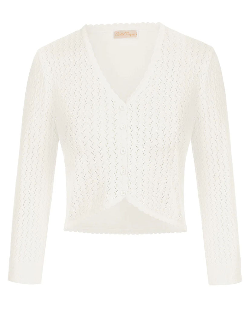 belle poque Hollowed-Out Cardigan 3/4 Sleeve V-Neck Button-up Cropped Knitwear Ivory