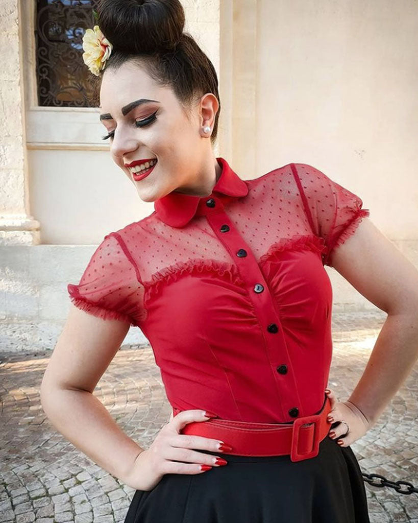 belle poque 1950s Retro Vintage Shirts Polka Dots Mesh Rockabilly Blouse Short Sleeves Tops