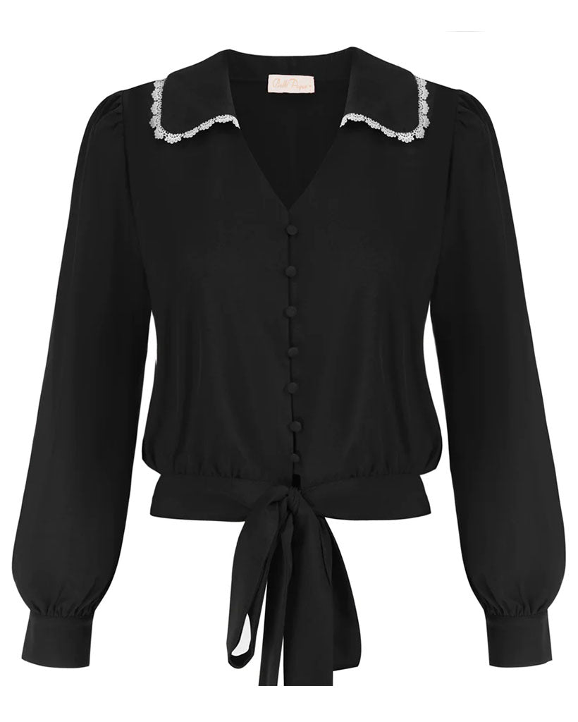 belle poque Seckill Offer⌛Vintage Cropped Shirt Long Lantern Sleeve Lapel V-Neck Button-up Tops Black