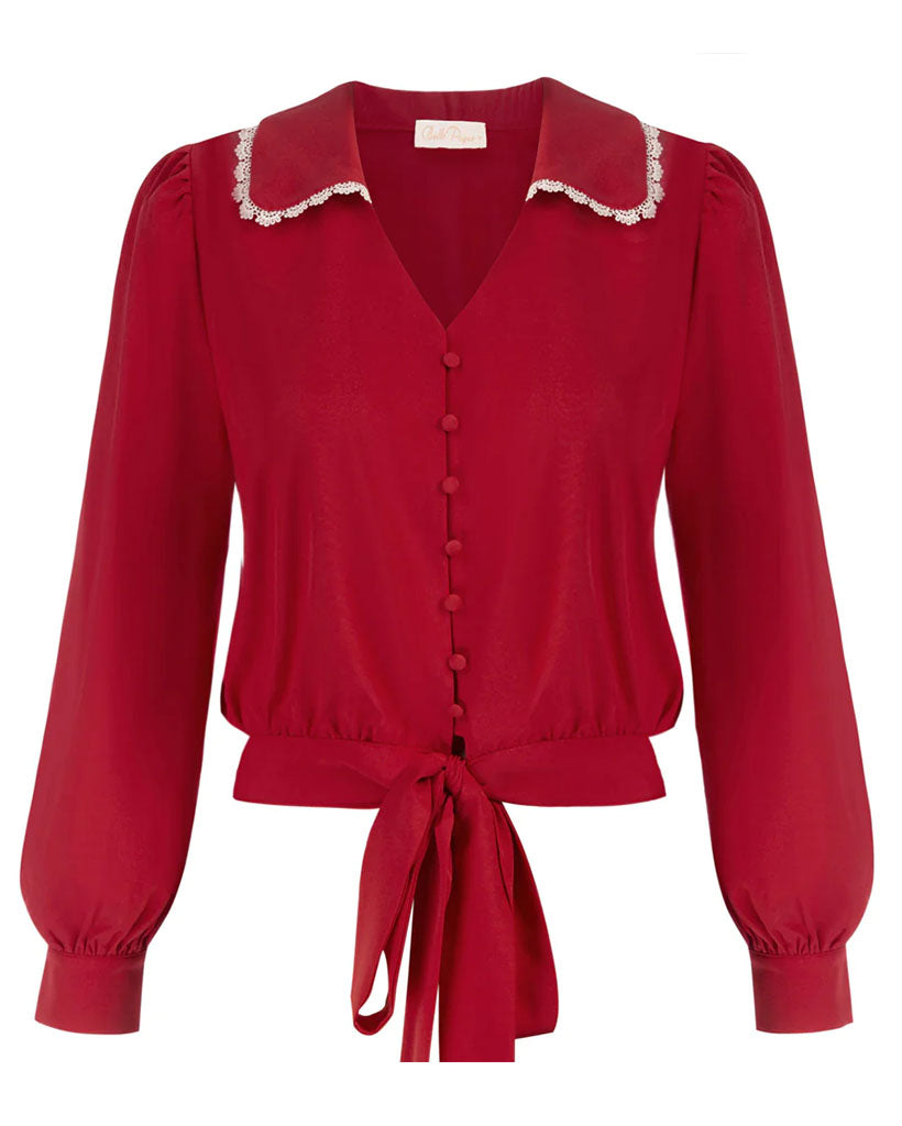 belle poque Seckill Offer⌛Vintage Cropped Shirt Long Lantern Sleeve Lapel V-Neck Button-up Tops Red