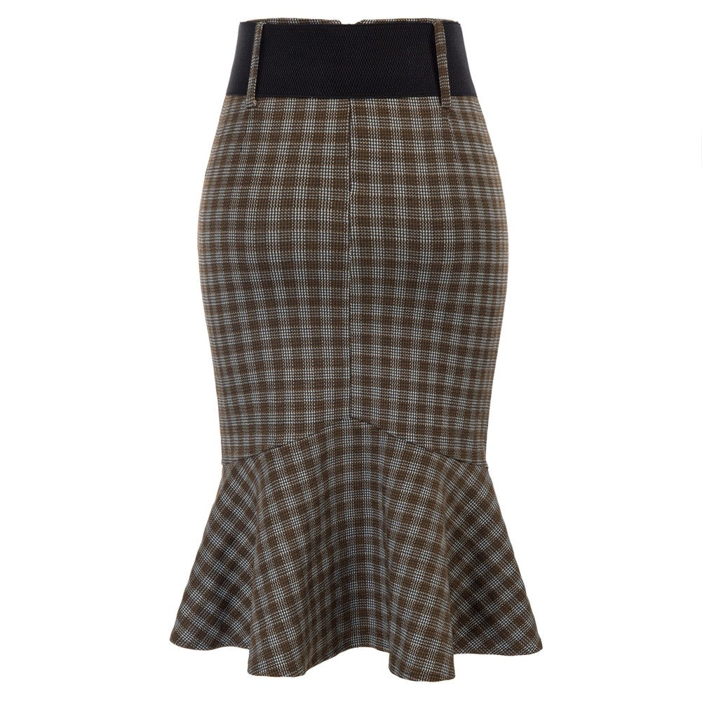 belle poque Houndstooth Mermaid Hem Shirred Detail Pencil Skirt with Belt