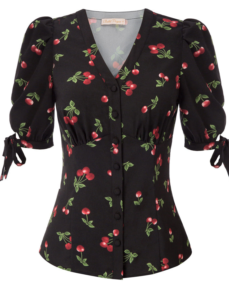 belle poque Cherries Pattern Short Puff Sleeves V-Neck Button Placket Blouse Black