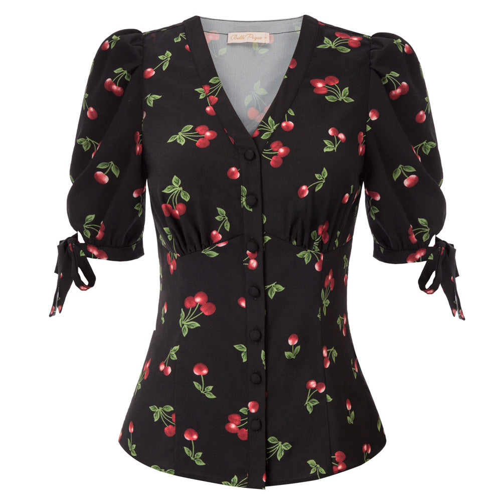 belle poque Cherries Pattern Short Puff Sleeves V-Neck Button Placket Blouse Black