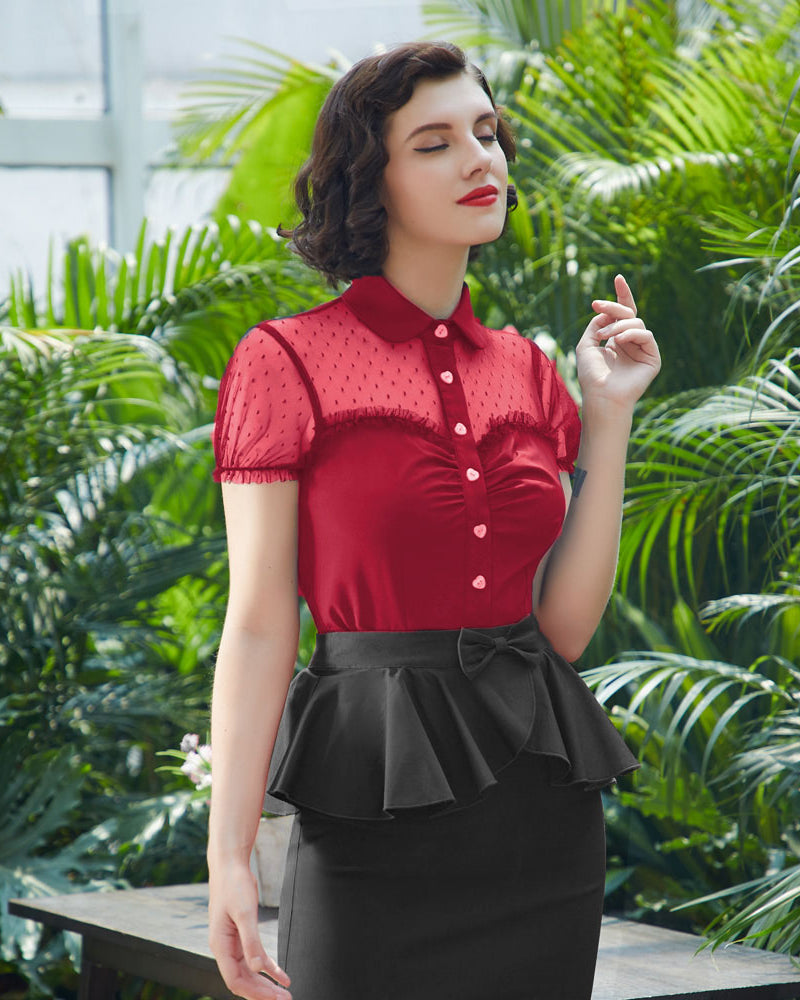 belle poque 1950s Retro Vintage Shirts Polka Dots Mesh Rockabilly Blouse Short Sleeves Tops