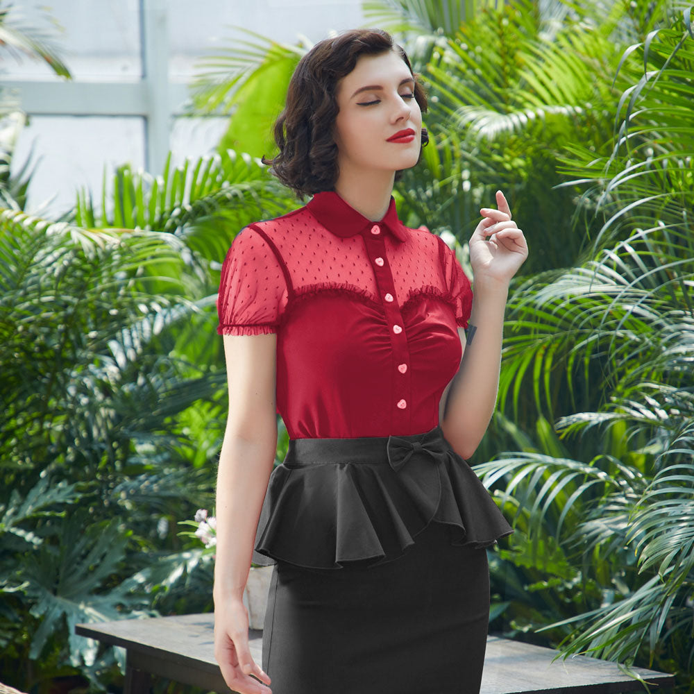 belle poque 1950s Retro Vintage Shirts Polka Dots Mesh Rockabilly Blouse Short Sleeves Tops