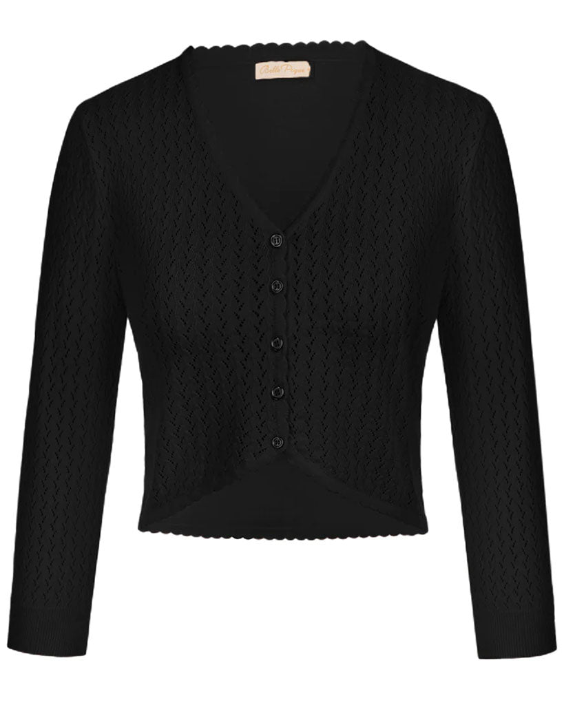 belle poque Hollowed-Out Cardigan 3/4 Sleeve V-Neck Button-up Cropped Knitwear Black